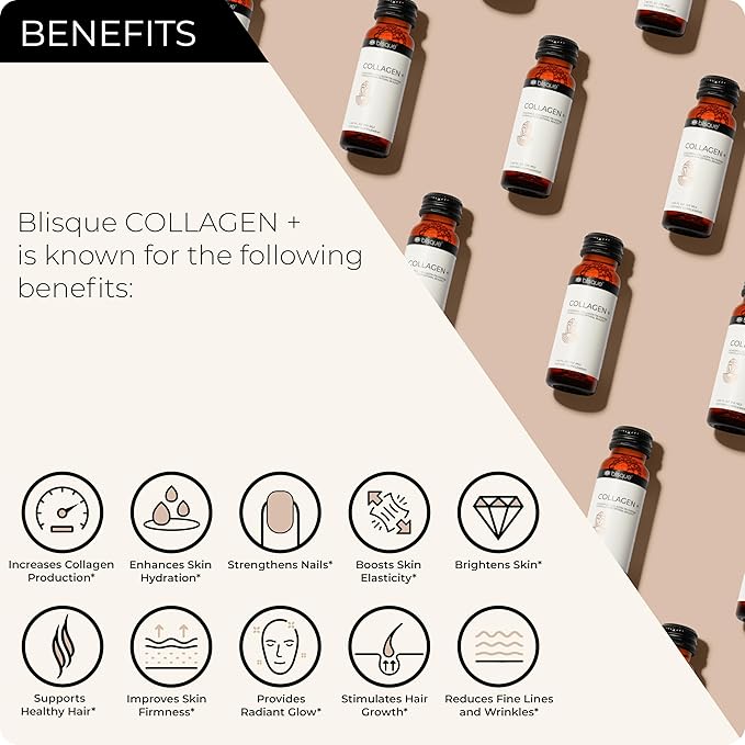 Blisque - Liquid Collagen Tri-Peptide Complex | with Biotin and Hyaluronic Acid | for Hair, Skin, and Nails | 10 Bottles | 10-Day Supply