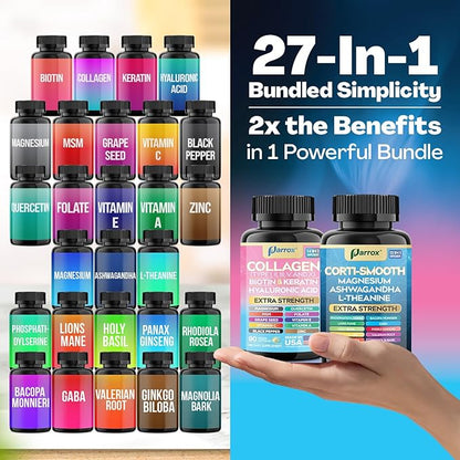 Shining Serenity Set, Cortisol Support with Ashwagandha, L-Theanine, Magnesium, Lions Mane, GABA, Bacopa Monnieri, Collagen I, II, III, V, X, Folate, Biotin, Keratin, Hyaluronic Acid (2 Pack)