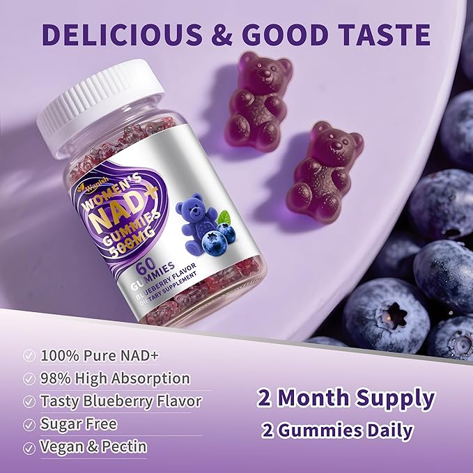（2 Pack） NAD Gummies Supplements for Women, Pure 500mg NAD - Cell Regeneration, Energy & Metabolism Support, Vegan,Sugar Free, Additives Free, Blueberry Flavor