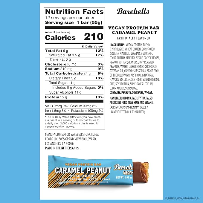 Barebells Vegan Protein Bars Peanut Caramel, Plant Based with High Protein - Chocolate Protein Bars - Perfect on The Go Protein Snack & Breakfast Bars 12 Count (Pack of 2)
