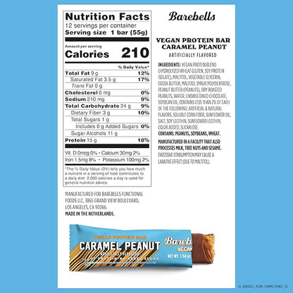 Barebells Vegan Protein Bars Peanut Caramel, Plant Based with High Protein - Chocolate Protein Bars - Perfect on The Go Protein Snack & Breakfast Bars 12 Count (Pack of 2)