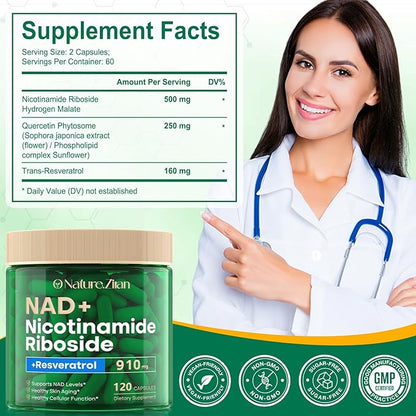 NAD Supplement - NAD+ Nicotinamide Riboside 910 Mg Supplement for Women & Men, Liposomal Nicotinamide Riboside with Resveratrol, for Focus, Boost - 120 Capsules (120 Count (Pack of 1))
