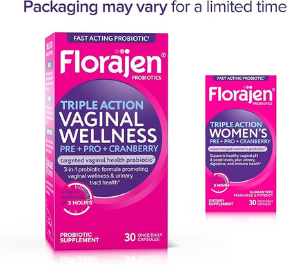Florajen Women’s Triple-Action Probiotic, Prebiotic + Probiotic + Cranberry for Vaginal, Digestive, & Immune Support - Fast-Acting - Clinically-Studied - Gluten-Free & Vegan - 30-Count