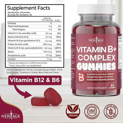 NEW AGE Vitamin B Complex Gummies with Vitamin B3, B6 & B12 – with Biotin, Folic Acid & Vitamin C – Gluten-Free, Vegan, Made in The USA! (180 Count (Pack of 3))