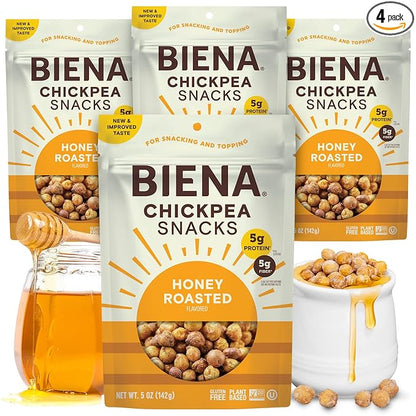 BIENA Chickpea Snacks - Crunchy Roasted Chickpeas - High Fiber Protein Snacks for Adults and Kids - 4-Pack, 5 Ounce Bags - Honey Roasted