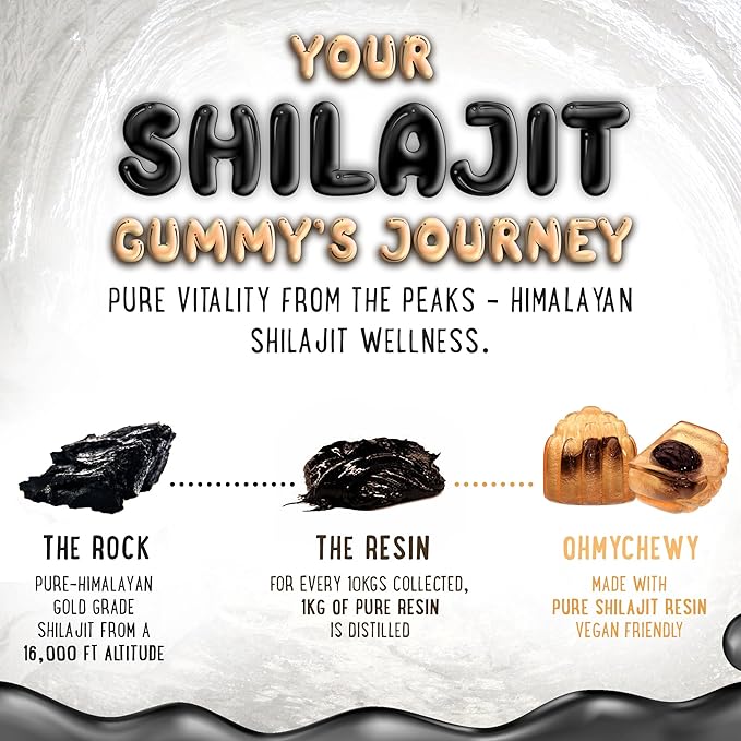 OH MY CHEWY Pure Himalayan Shilajit Gummies - High Potency Gold Grade Resin - Energy Boost and Immune Support for Men and Women with Ashwagandha and Shatavari - 120 Gummy - Peach & Mango