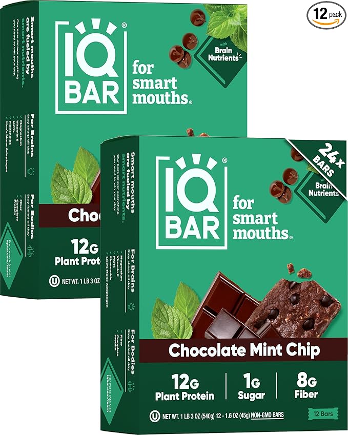 IQBAR Clean Plant Protein Bars - Chocolate Mint Chip - 24 Count - Keto, Vegan, High Fiber, Gluten and Dairy Free, Low Sugar Snack - Brain and Body Nutrients for Focus, Energy, Meal Replacement