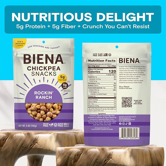BIENA Chickpea Snacks - Crunchy Roasted Chickpeas - High Fiber Vegan Protein Snacks for Adults and Kids - 5 Ounce Individual Pack - Rockin' Ranch