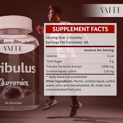 VAITE Tribulus Terrestris Gummies 1000 mg – 60 Chewable Gummies – Vegan, Sugar-Free, Gluten-Free, Non-GMO – Plant-Based Daily Formula – No Water Needed – Easy-to-Take Supplement Format