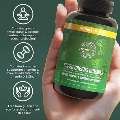 Primal Harvest Super Greens Gummies, Superfood Blend with Adaptogenic Mushrooms Vitamins & Nutrient-Rich Minerals & Antioxidants for Energy & Immune Support 1 Pack 60 Count,