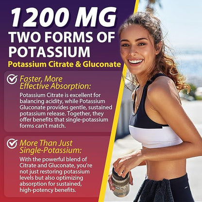 Potassium Citrate and Potassium Gluconate Supplement, 1200mg Two Forms of Potassium Gummies, w/Magnesium, Omega-3, Calcium, Vitamin D3 K2 B12 E B6, Folate for Mṵṣḉḷḙ, Nerves, Health Bones, 60Cts