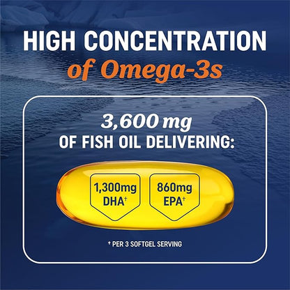 Triple Strength Omega 3 Fish Oil 3600 mg | EPA & DHA | Over 2100mg Omega-3 Fatty Acids | 1300mg EPA + 860mg DHA | Best Essential Fatty Acids | Premium Wild Caught & Burpless Fish Oil | 180 Ct