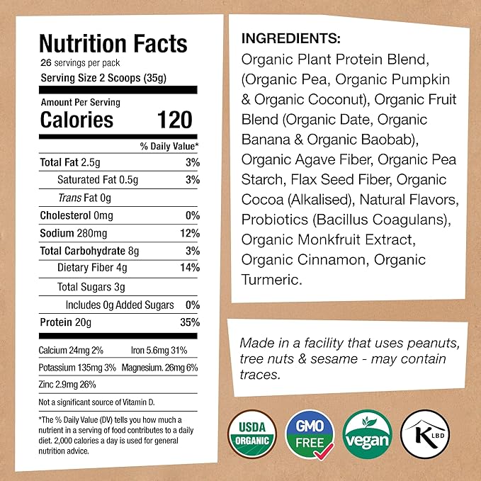 EarthChimp Organic Vegan Protein Powder - with Probiotics - Non GMO, Dairy Free, Non Whey, Plant Based Protein Powder for Women and Men, Gluten Free - 26 Servings 32 Oz (Vanilla)
