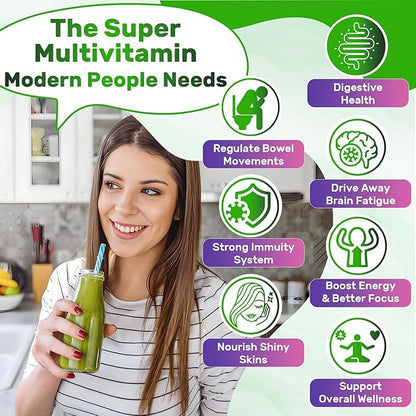 Super Greens Multivitamin Gummies, Daily Greens Superfood Gummies w/Spirulina, Chlorella, Multivitamins, Prebiotic Fiber, Adaptogens, Support Digestive & Gut Health, Immunity, Focus & Energy, 120Cts