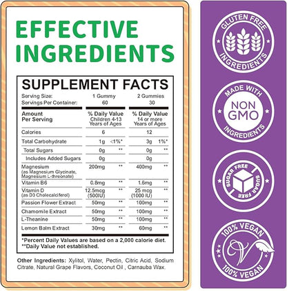 Magnesium Gummies for Kids - Magnesium Glycinate Gummies Supplement with L-Theanine, Vitamin B6, D3 for Kids & Adults for Sleep, Relaxation, Bones,Sugar Free Grape 120ct