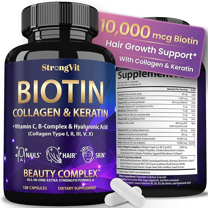 Biotin with Hyaluronic Acid, Keratin and Collagen Supplements - 10000mcg for Hair Growth Women and Men - Hair Skin and Nails Vitamins - 120 Capsules
