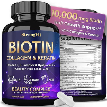 Biotin with Hyaluronic Acid, Keratin and Collagen Supplements - 10000mcg for Hair Growth Women and Men - Hair Skin and Nails Vitamins - 120 Capsules