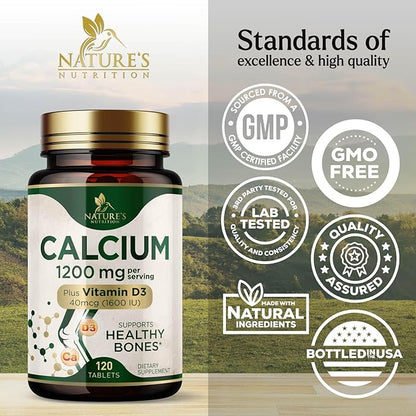 Calcium 1200 mg with Vitamin D3 Per Serving - Bone Health Supplement, Vitamin D & Calcium Supplements for Women & Men - Bone, Teeth & Immune Support, Nature's Calcium Pills, USA Bottled - 120 Tablets