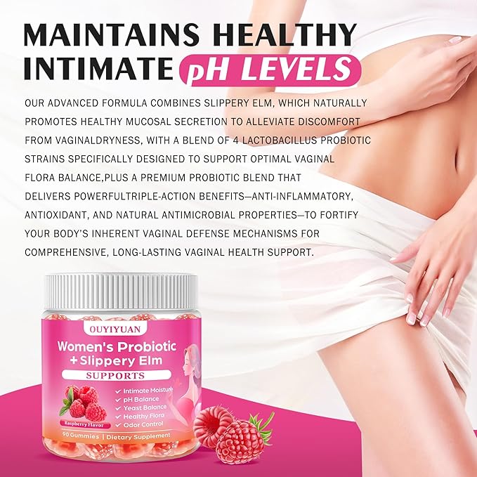 Women's Probiotic Gummies pH Balance & Gut Flora, Natural Raspberry Flavor, Vegan & Non-GMO, 90 Gummies