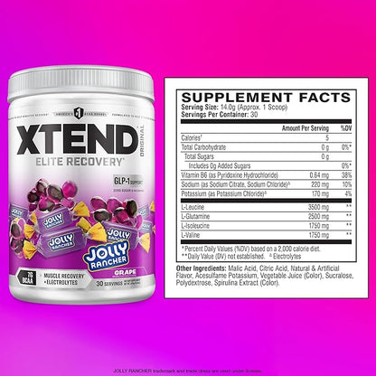 Xtend Original BCAA Powder, 7g BCAAs and 2.5g L-Glutamine for Muscle Recovery Hydration and Lean Muscle, Sugar Free Intra and Post Workout Drink with Electrolytes, Grape Jolly Rancher, 30 Servings