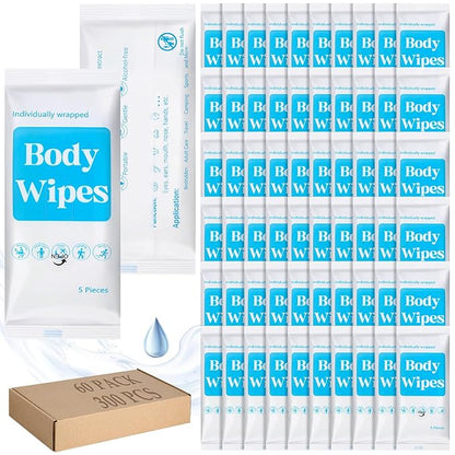 300 Pcs 60 Pack Body Wipes for Adults Bathing No Rinse Individually Wrapped Shower Wipes Washcloth with Aloe Cleansing Body Wash Cloths Disposable Bulk Deodorant Homeless(White Background)