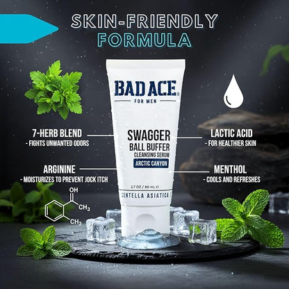 BAD ACE Swagger Ball Buffer | Rinse-Free Hygiene Cleanser & Men's Intimate Wash | Ball & Groin Wash for Men | Below-the-Belt Intimate Wash for Male, Odor & Sweat Control, 2.7 oz