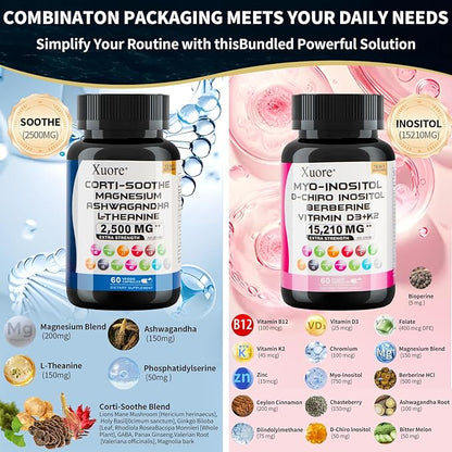 cortisol & myo-inositol Supplement Bundle with ashwagandha, Magnesium, l-theanine, d-Chiro inositol, folate, Berberine, chasteberry for Stress Relief & Balance