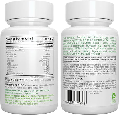 Igennus Fast Action Digestive Enzymes & Betaine HCl, 10 Broad Spectrum Enzymes with Protease, Lipase & Lactase, Papain & Bromelain, Plant-Based Vegan, Clean Label, for Women and Men, 90 Capsules