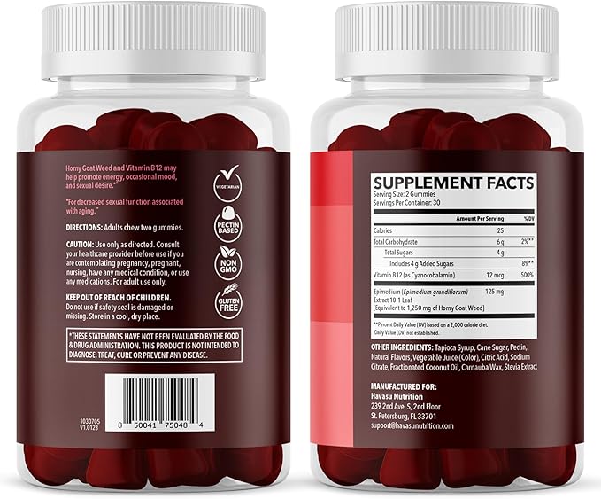 Horny Goat Weed Gummies with Vitamin B12 - Energy, Endurance & Performance Support for Male Health - 60 Count - Vegetarian-Friendly, Non-GMO, Pectin-Based - Raspberry Flavor, 1 Month Supply