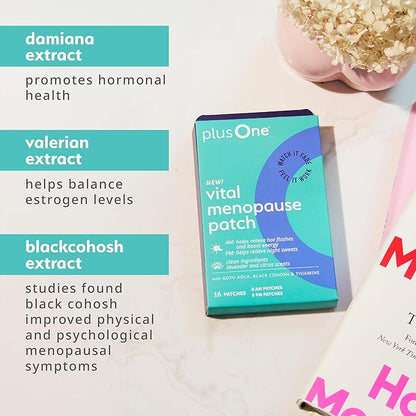 plusOne Vital Menopause Patches AM & PM – Hot Flash & Night Sweat Support – Promotes Energy & Sleep – Herbal Arjuna Daily Patches – 16ct