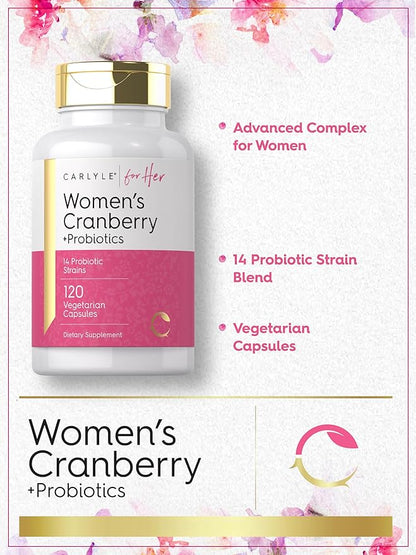 Carlyle Women's Cranberry Plus Probiotics | 120 Capsules | with 14 Probiotic Strains | Vegetarian, Non-GMO, Gluten Free Supplement | for Her
