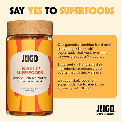 JUGO Beauty + SUPERFOODS Hair, Skin and Nails Collagen Gummies, Hyaluronic Acid and Turmeric Supplement, Cruelty-Free, Gelatin-Free and Gluten-Free Gummy Vitamins, Non-GMO, Made in USA, 40 Count