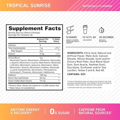 Optimum Nutrition Amino Energy - Pre Workout with Green Tea, BCAA, Amino Acids, Keto Friendly, Green Coffee Extract, Energy Powder - Tropical Sunrise, 9.5 Ounce, 30 Servings (Packaging May Vary)