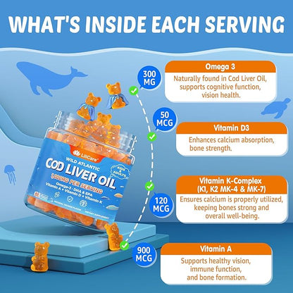 Cod Liver Oil Gummies 1000mg for Kids & Adults - w/Omega 3 (EPA & DHA), Vitamins A, D3 & K2 - Cod Liver Oil Omega 3 Gummies for Immune, Brain & Cognitive Support, SugarFree, Orange Flavor, 120Cts