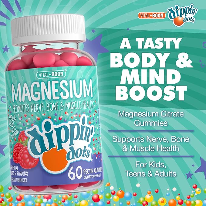 Dippin' Dots Magnesium Gummies for Women, Men & Kids – Razzle Raspberry – Magnesium Citrate Gummies with No Artificial Colors or Flavors – Vegan Friendly Calm Nerve Bone & Muscle Supplement (2 Pack)