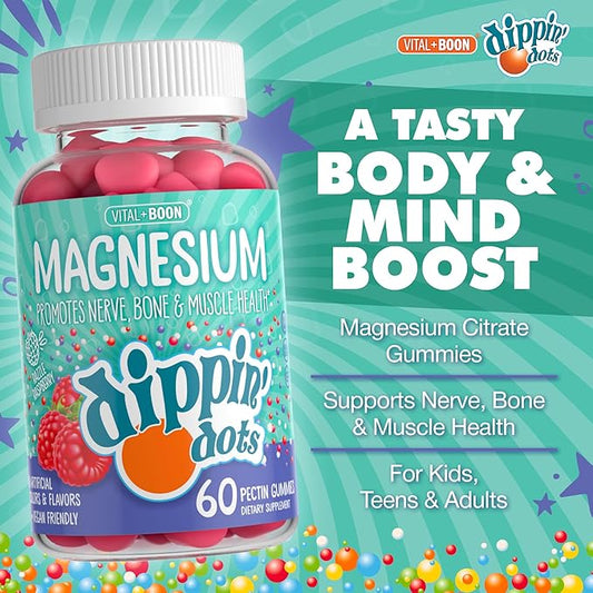 Dippin' Dots Magnesium Gummies for Women, Men & Kids – Razzle Raspberry – Magnesium Citrate Gummies with No Artificial Colors or Flavors – Vegan Friendly Calm Nerve Bone & Muscle Supplement (2 Pack)