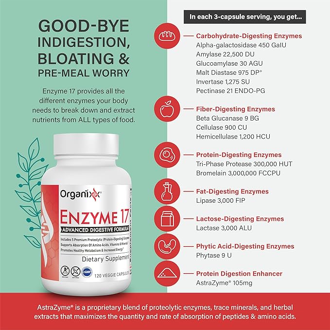 Organixx Enzyme 17 Essential Digestive Enzymes for Women & Men, for Gut Health & Optimal Digestive Health, Support for Bloating, Gas, Nutrient Absorption, Vegan, Non GMO, 120 Veggie Capsules