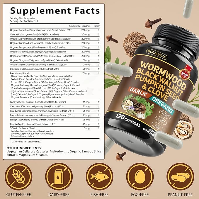 Wormwood Black Walnut Clove Cleanse for Humans - Natural Gut Cleanse & Digestive Health with Pumpkin Seed Garlic Oregano Neem Papaya Turmeric Diatomaceous Earth Probiotic Supplement Vegan Capsules