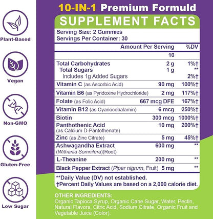 Ashwagandha Gummies - 10 IN 1 Organic Ashwaganda Gummies for Women & Men, with L Theanine, Vitamin B6, Black Pepper for Relaxation*, Cognitive, Immune, Zzz, Cortisol, Vegan, Berry Flavor - 60 Count