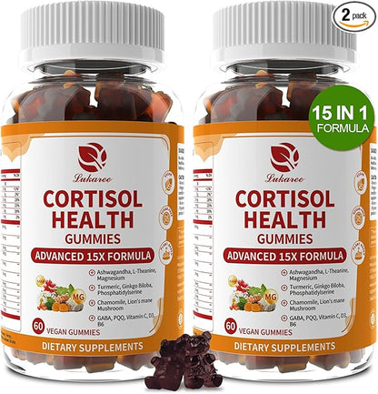Lukaree Cortisol Supplements for Women & Men, 15 in 1 Cortisol Reducer Manager, Cortisol Calm Gummies with Ashwagandha, Magnesium, L-theanine, GABA - for Mood, Focus, Sleep - Vegan Sugar Free, 2 Pack