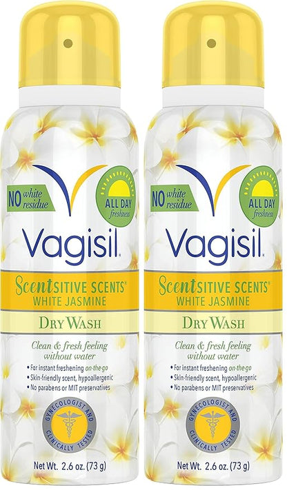 Vagisil Scentsitive Scents Feminine Dry Wash Deodorant Spray for Women, Gynecologist Tested, Paraben Free, White Jasmine, 2.6 Ounce (Pack of 2)