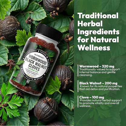 NutraPep Wormwood Black Walnut & Cloves Gummies - Gut Health Immune Support & Natural Detox Cleanse Traditional Herbal Supplement - Vegan Gluten-Free Non-GMO Orange Flavor 60 Gummies