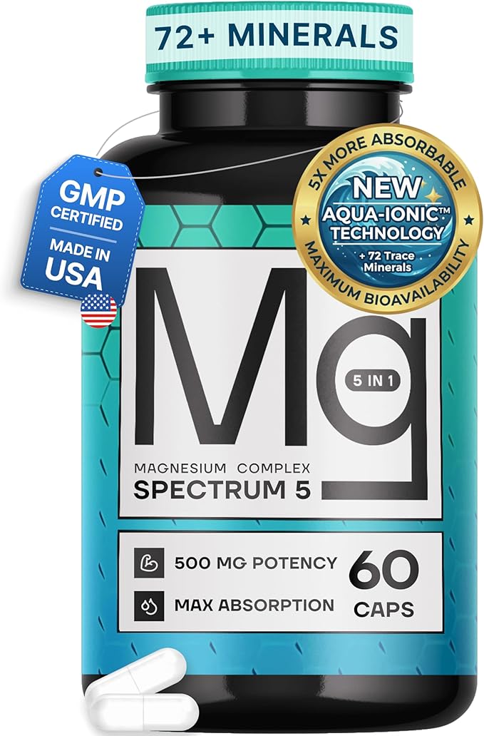 Spectrum 5 Magnesium Complex for Women & Men | Patented Aqua-Ionic® 5X Absorption Technology | 500mg Glycinate, Citrate, Malate + 72 Trace Minerals | Deep Sleep, Leg Cramp Relief & Calm | Non-Laxative