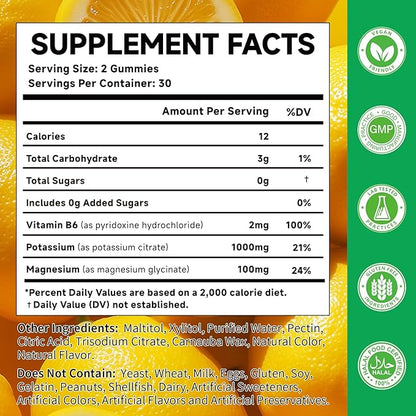Potassium Citrate 1000mg Gummies, Potassium Supplement for Adults Women and Men, with Magnesium, Vitamin B6 Chewable Supplements, Support Electrolyte Balance, Muscular & Nerve Function, 60 Count