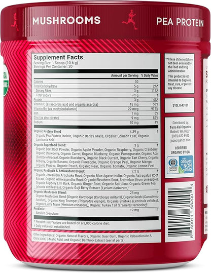 Terra Kai Organics Juce SR7 Sport Reds Organic Fruit & Veggies w/Pea Protein | 43 Superfoods, Antioxidants, Mushrooms, Beets, Herbal Adaptogens, Probiotic, Fiber, Garden Berry Flavor (30 Servings)
