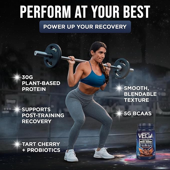 Vega Sport Vegan Protein Powder + Recovery - 30g Plant Based Protein per Serving, Chocolate, 19 Servings, 5g BCAAs, Probiotics, NSF Certified, for Shakes & Smoothies, 1.8lbs (Packaging May Vary)