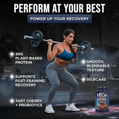 Vega Sport Vegan Protein Powder + Recovery - 30g Plant Based Protein per Serving, Chocolate, 19 Servings, 5g BCAAs, Probiotics, NSF Certified, for Shakes & Smoothies, 1.8lbs (Packaging May Vary)