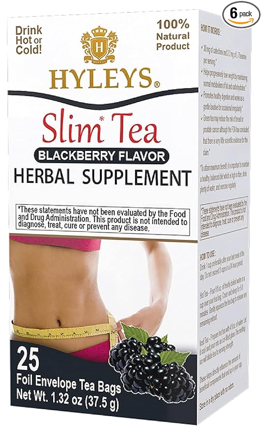 Hyleys Slim Tea Blackberry Flavor - Weight Loss Herbal Supplement Cleanse and Detox - 25 Tea Bags (6 Pack)