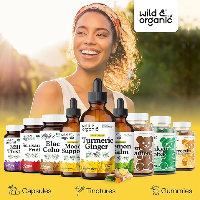 Wild & Organic Turmeric and Ginger Supplement Drops - Joint & Immune Support - Liquid Turmeric Curcumin with Black Pepper and Ginger - Curcumin Supplement - Vegan, Sugar & Alcohol-Free Tincture - 4 oz