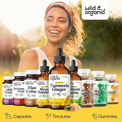 Wild & Organic Turmeric and Ginger Supplement Drops - Joint & Immune Support - Liquid Turmeric Curcumin with Black Pepper and Ginger - Curcumin Supplement - Vegan, Sugar & Alcohol-Free Tincture - 4 oz
